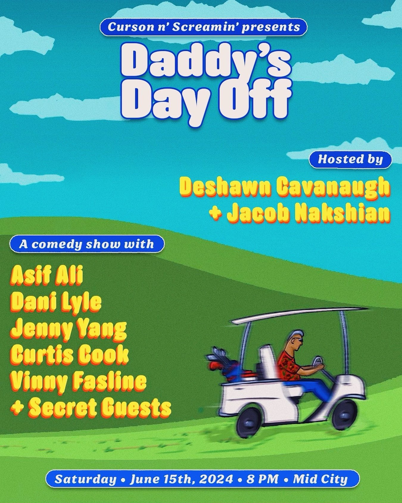 Ever wanted to know what happens when a man finally gets a day off from being Daddy? 
Find out JUNE 15th for this month&rsquo;s big show: Daddy&rsquo;s Day Off! 👔⛳️🏌🏽&zwj;♂️
Featuring Asif Ali, Jenny Yang, Vinny Fasline, Curtis Cook, Dani Lyle &am