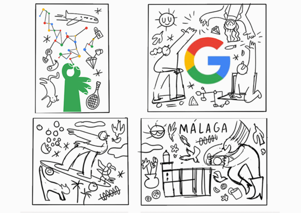 Diseño de ilustraciones para el centro de ciberseguridad de Google en Málaga que combina valores de la marca con iconos alegres y típicos de la ciudad