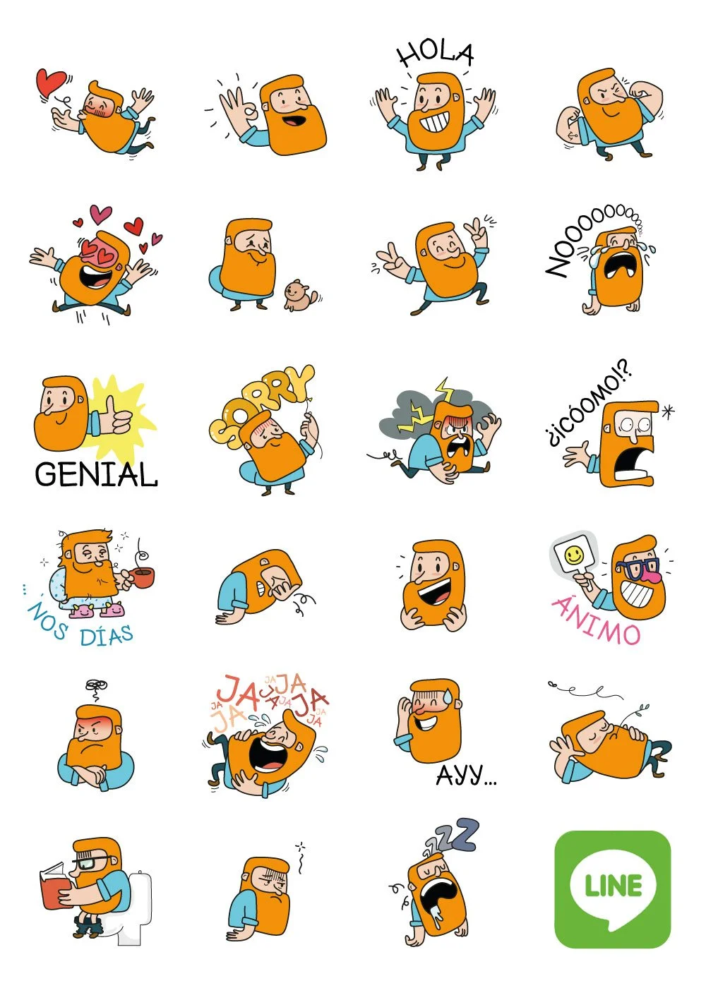 Emojis diseñados especialmente para la app de mensajes LINE. Es Bearded, un personaje de creación propia.