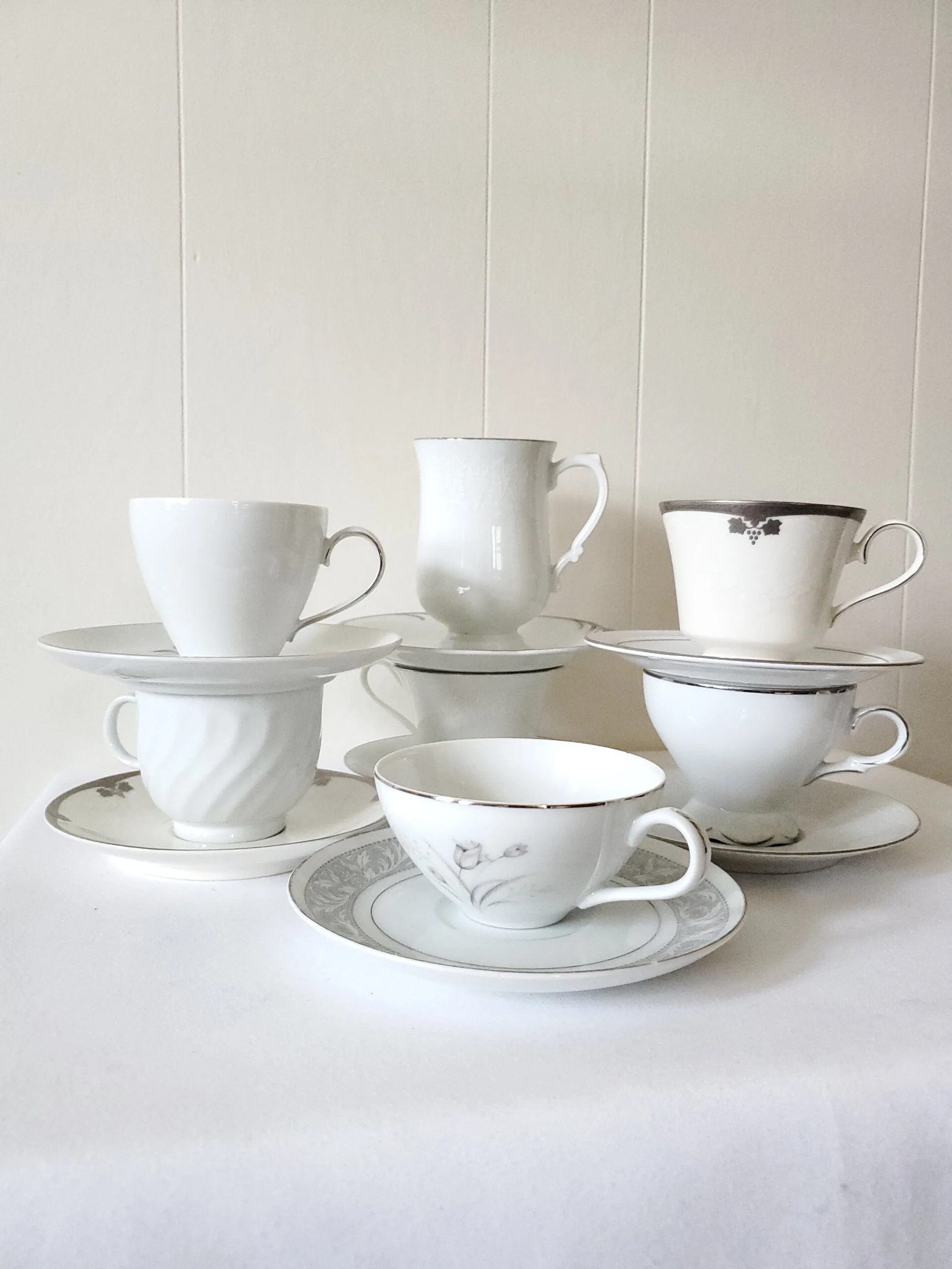 White &amp; Silver China Teacups and Saucers