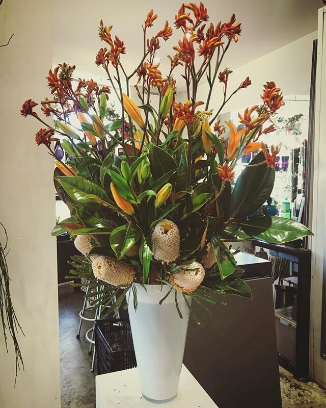 We challenge you to give this beautiful arrangement a suitable name. One customer suggested &quot;Golden Afternoon&quot; ☀️ #edenrandwick #flowershop #arrangement #flower #flowers #floral #design #create #creative #orange #gold #golden #kangaroopaw #