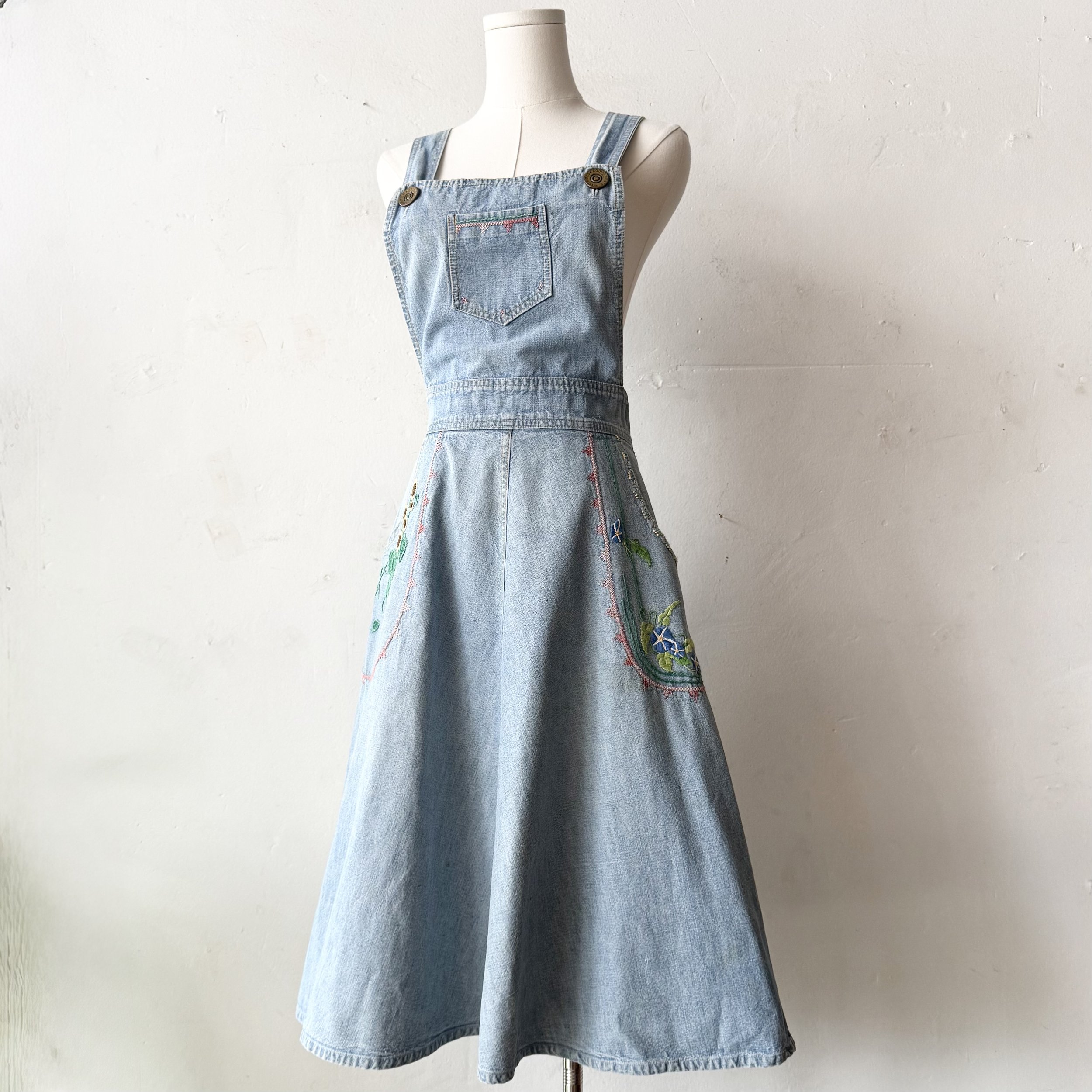 Late 70’s~Early 80’s Embroidered Denim Pinafore Dress • S