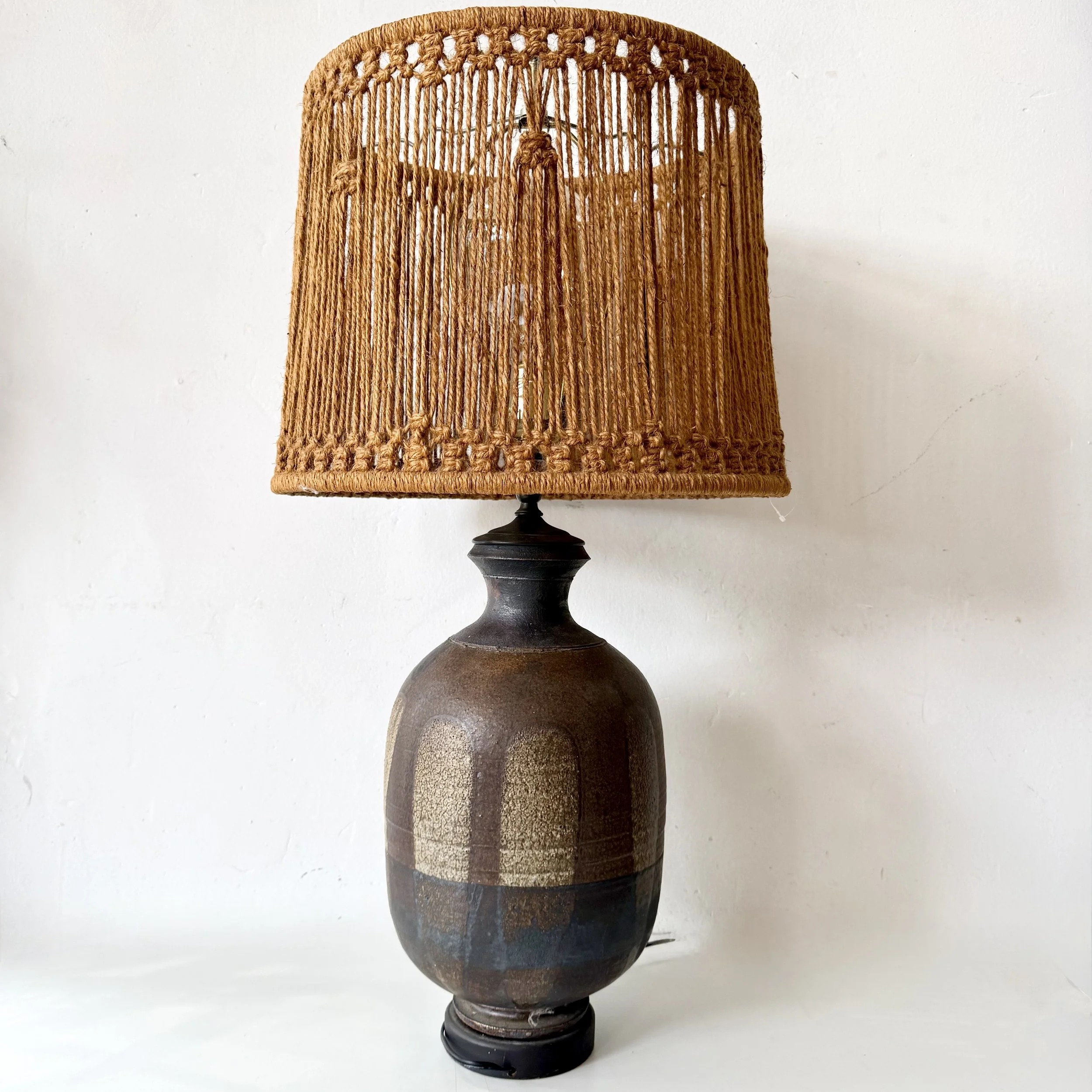 Mid Century Pottery Lamp & Macrame Shade