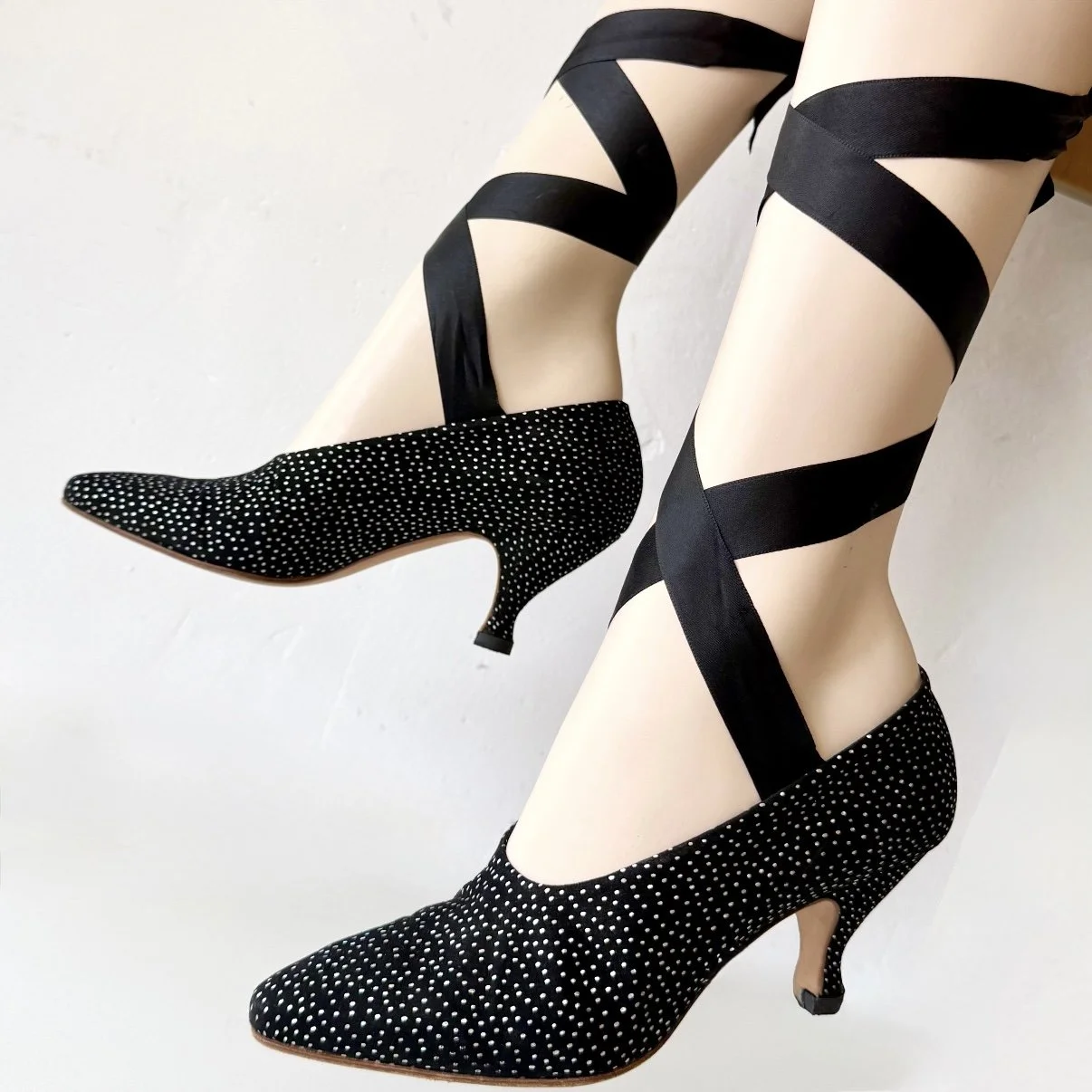 1990’s Peter Fox Black Suede & Metallic Spot Heels • 7.5