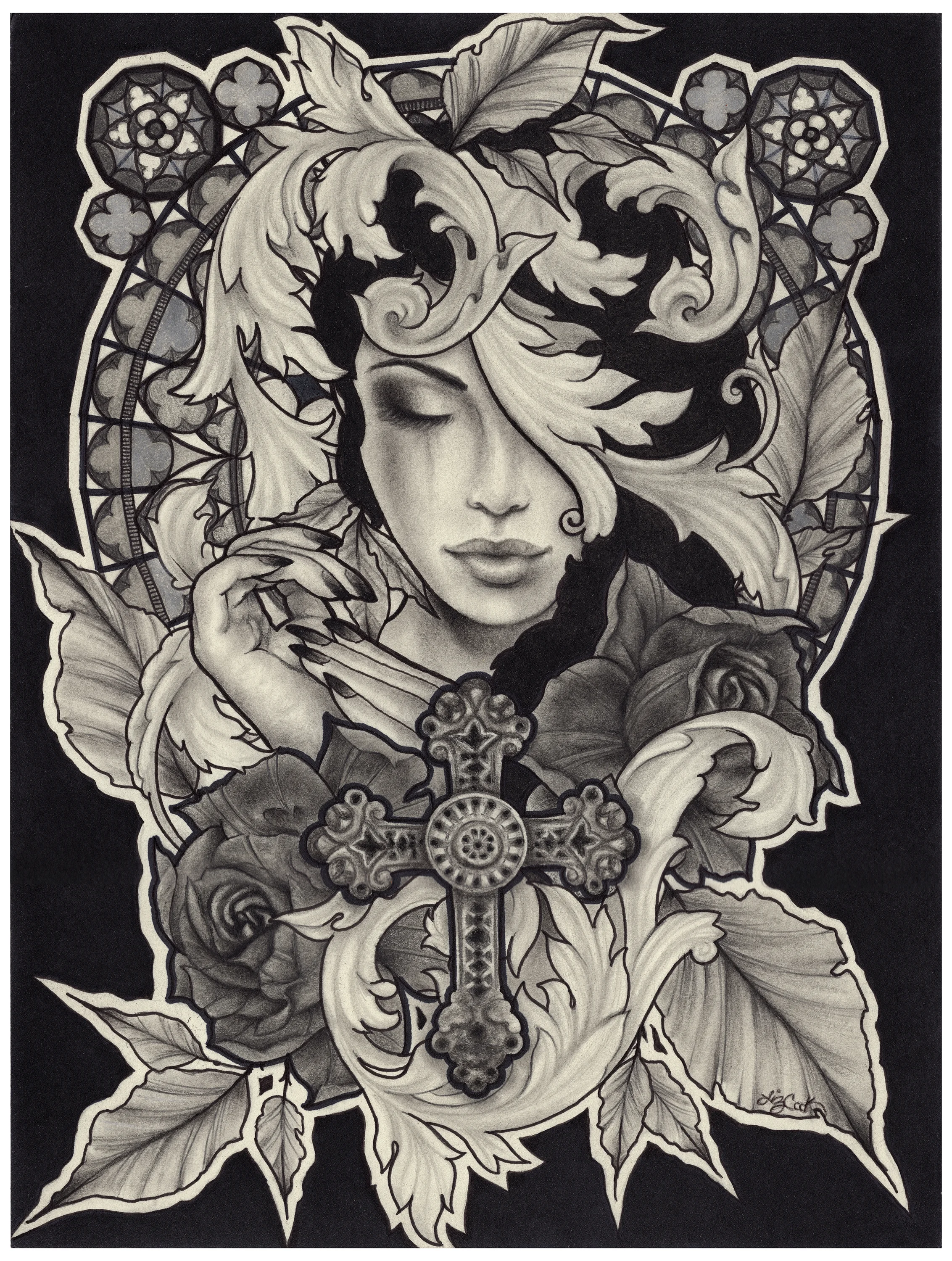 "Girl With Roses & Cross" Charcoal, Graphite, Pen, Marker 2016 