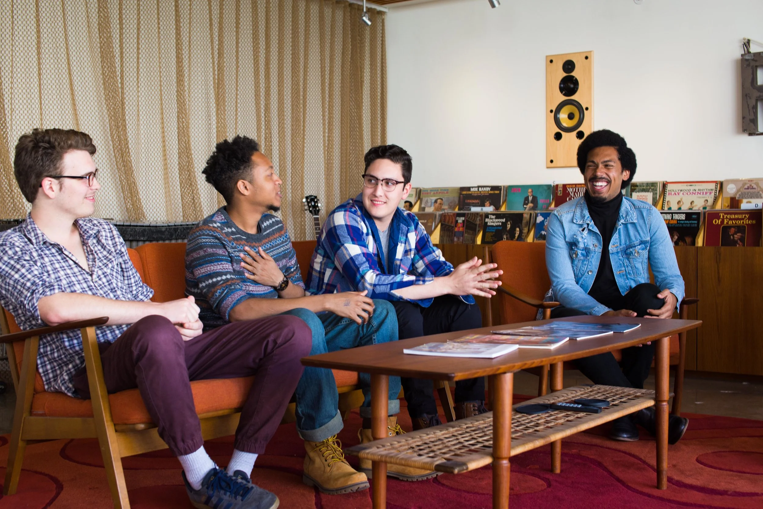 javi gonzalez/collective blue From left to right: Louk Cox, musical director and sax player. Ari Burns, trumpet player. Greg Clifford, drummer. Jonny Huggins, lead singer.