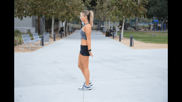Back lunge: Standing with your feet together, step back with one foot and drop your hips to the ground until your back leg and front leg both create 90 degree angles (make sure your front knee doesn't pass your front toe). Push through your front heel to return to standing position and squeeze your glutes at the top.