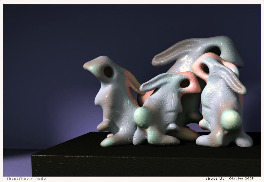 Titled "About Us", this was the first of a series of works by digital artist Corien Klapwijk , who goes by the handle Andusan. Her process was interesting: after modeling in ShapeShop and then sculpting and rendering an image in Modo, she deletes all the source files!!