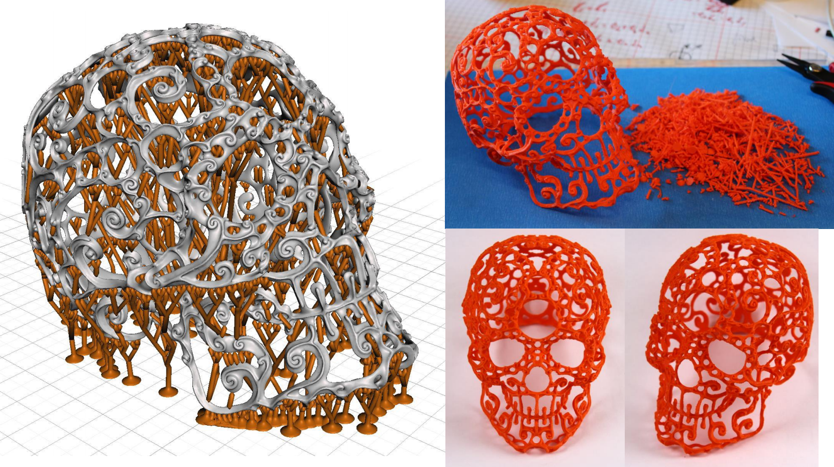  I generated supports for this awesome skull that a user sent in (unfortunately I have lost the name). Removal took a few hours, but this print would be impossible with standard chunky supports 