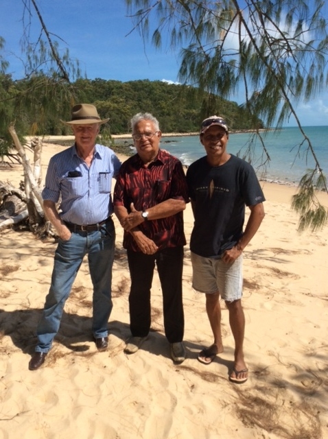 Lindsay McDowell (left) Kimberley man Rodney Rivers (centre) and Torres Strait Pastor Titom Tamwoy (right) near Cape York