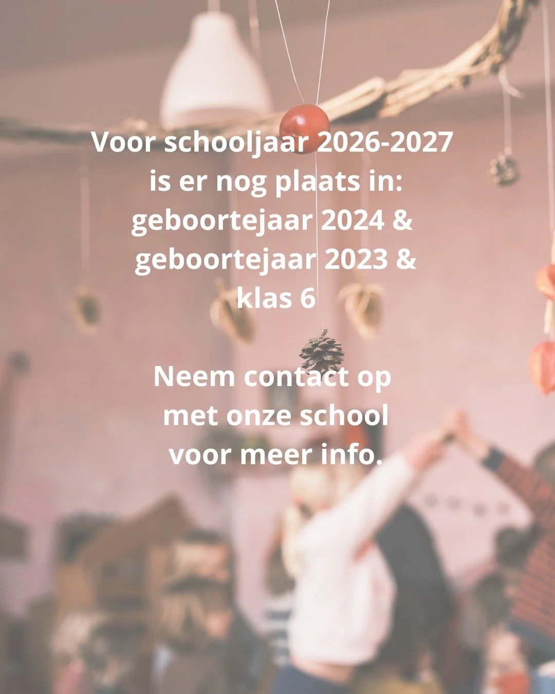 Welkom op onze school voor het komende schooljaar! Inschrijven is nog mogelijk voor geboortejaar 2024, 2023 en klas 6.
Neem zeker contact op via telefoon of mail met ons secretariaat.

Meer info over alle vrije plaatsen in Vlaanderen: naarschoolinvla