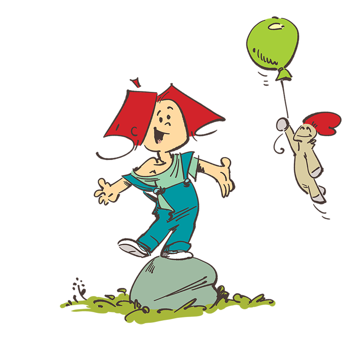 Frank and His Friend on a rock with a balloon - illustration by Cesare Asaro 