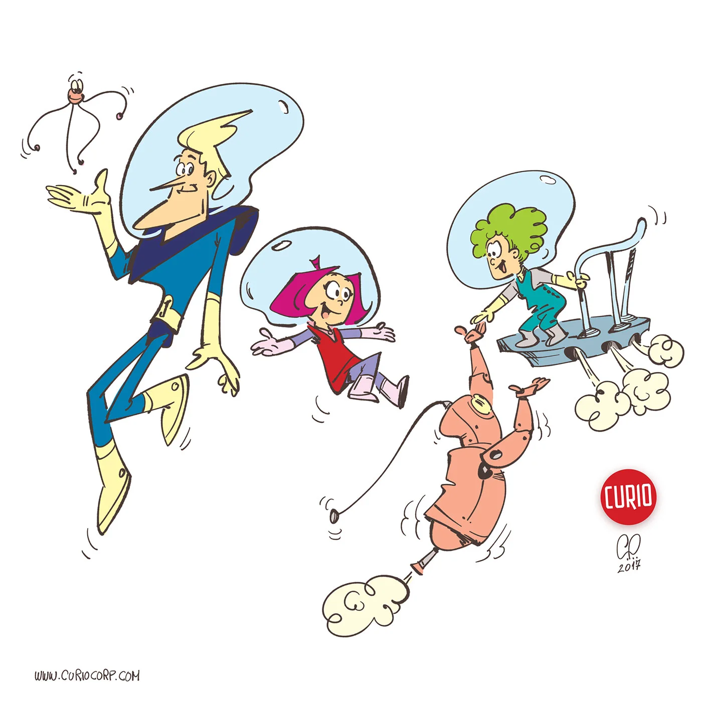Spaceman Jax, Dekkin, Artie and kid floating in space - Illustration by Cesare Asaro of Curio & Co.