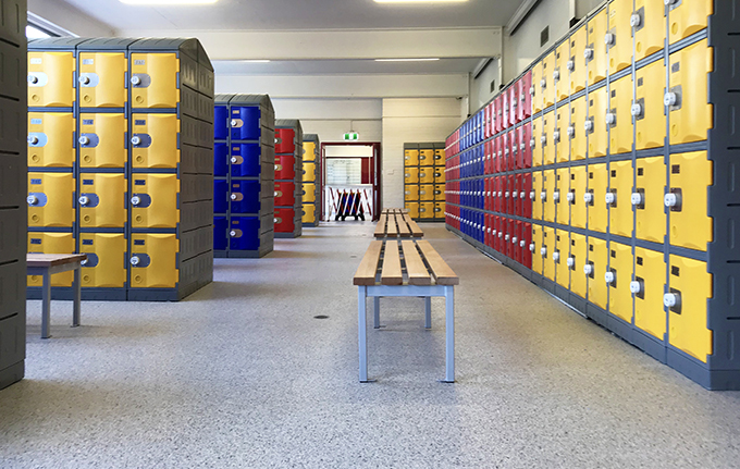 Heavy Duty Plastic Lockers in a school locker room