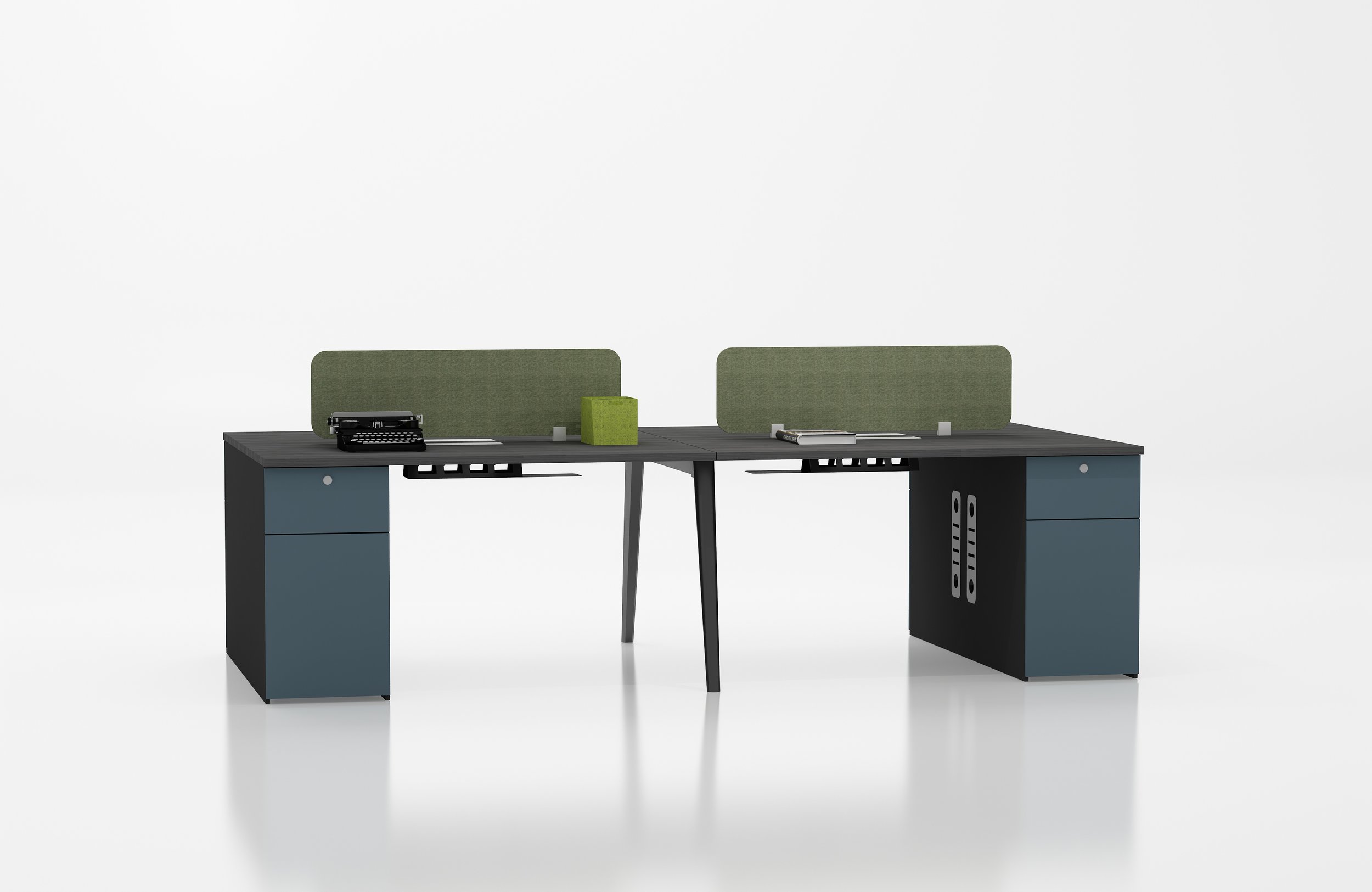 Norba four-desk workstation with under desk storage. 