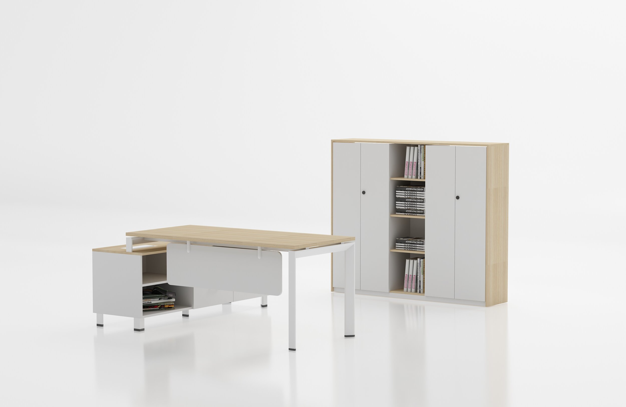 Matching Natural Birch and White desk and bookcase