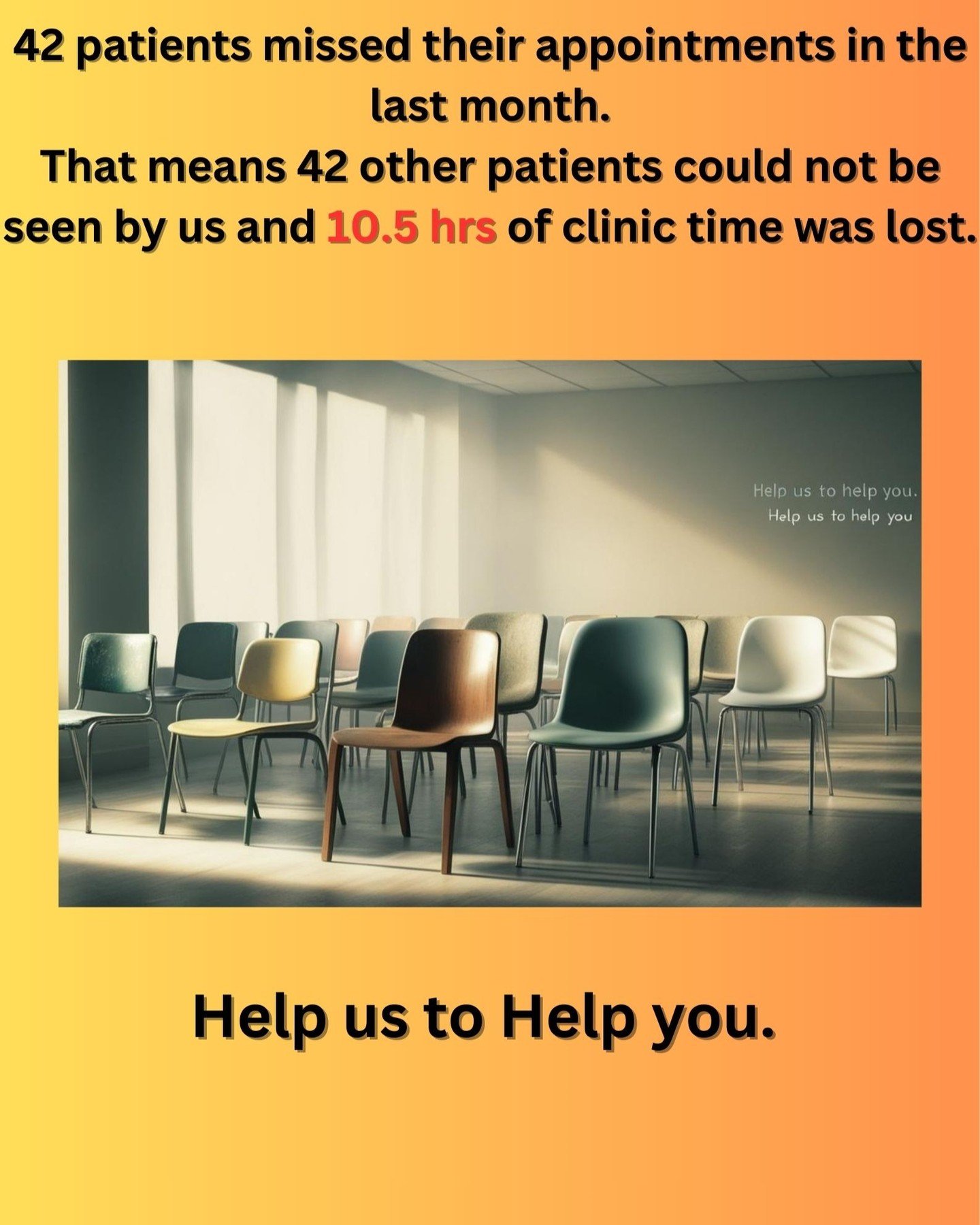 Our staff always do their best to accommodate sick patients but this is one area where you can help. If you schedule an appointment please keep it or cancel it in time for us to offer it to someone else. We always have sick patients waiting to be see