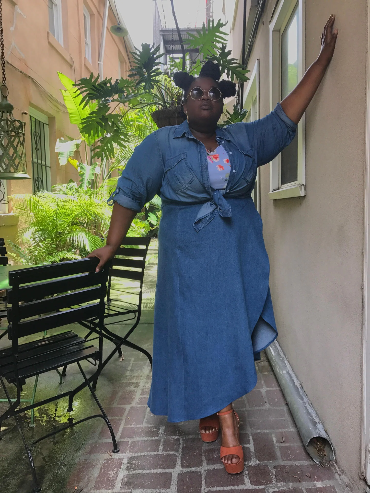Denim Cha-Floral Crop (under) that I made, Lane Bryant button-up (tied up) & a Denim Wrap Skirt, Gold Rings from H&M, Eyewear stolen from Dennis, Shoes from Torrid Photo by Dennis Robinson II
