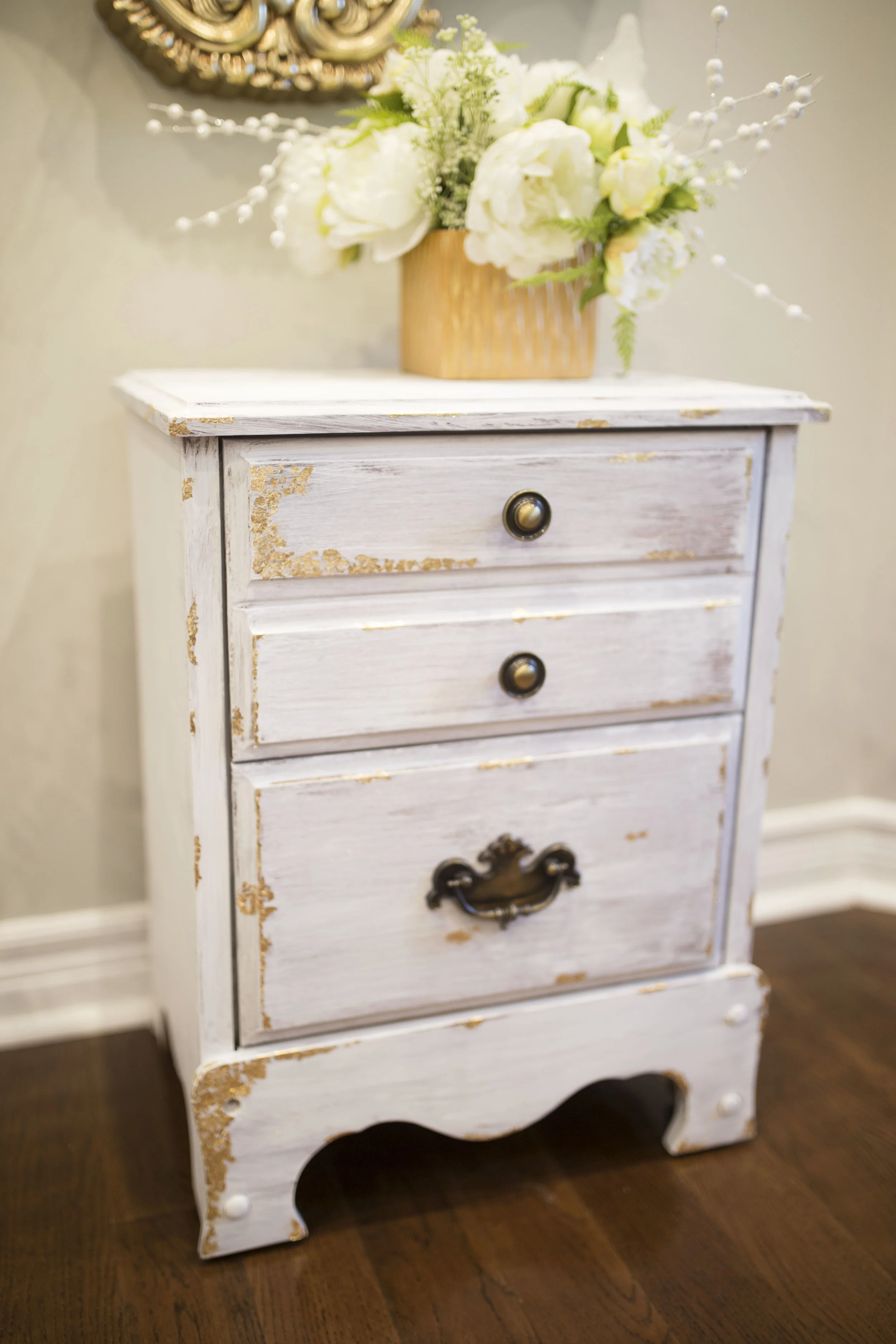 How I Transformed One Boring Side Table With Gold Flakes From The Dollar Store