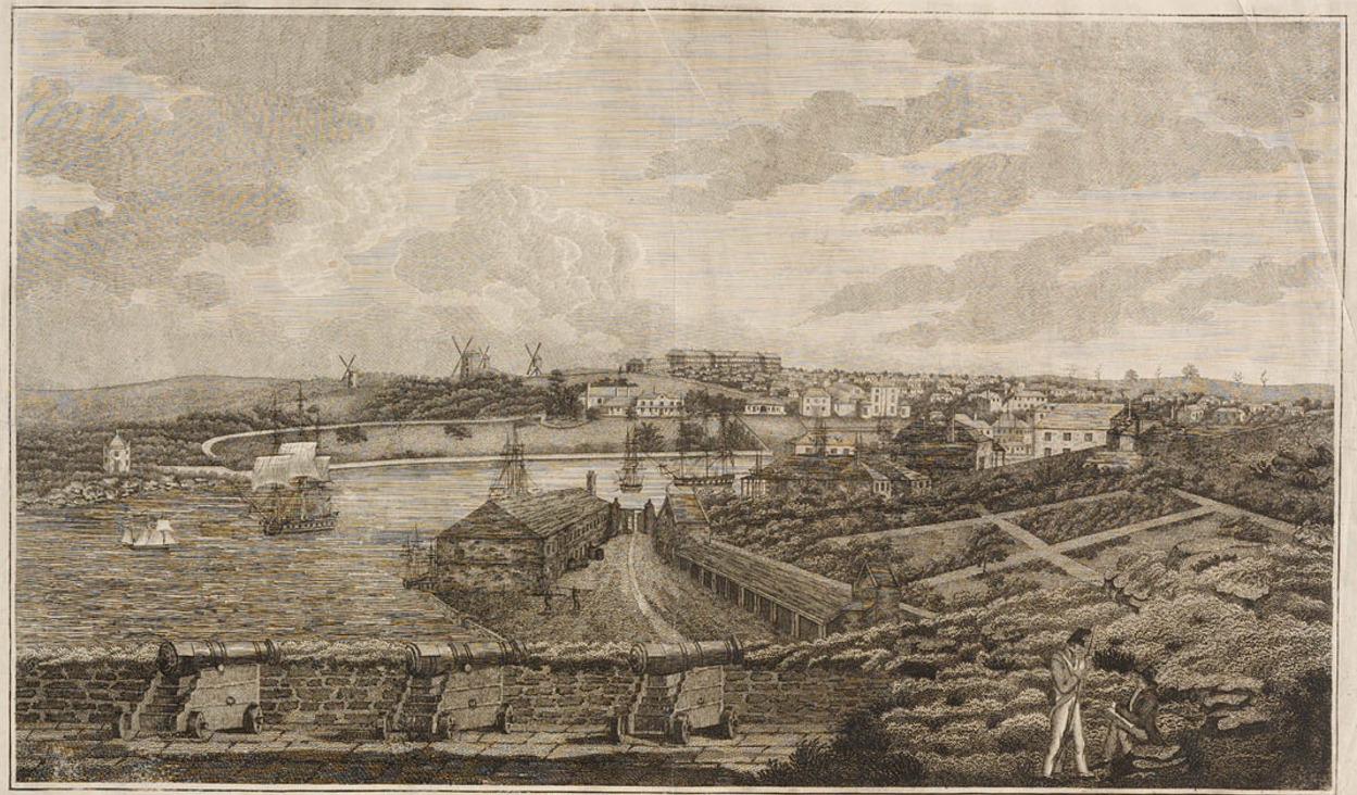 ‘A view of the cove and part of Sydney, New South Wales: taken from Dawe’s Battery’, from Plates for James Wallis: Australian Views—historical account of the colony of New South Wales, 1817–1819. Mitchell Library, State Library of New South Wales.