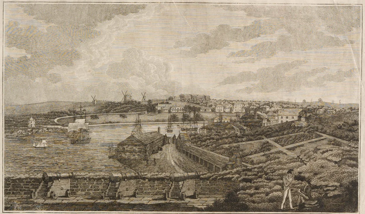 ‘A view of the cove and part of Sydney, New South Wales: taken from Dawe’s Battery’, from Plates for James Wallis: Australian Views—historical account of the colony of New South Wales, 1817–1819 . Mitchell Library, State Library of New South Wales.