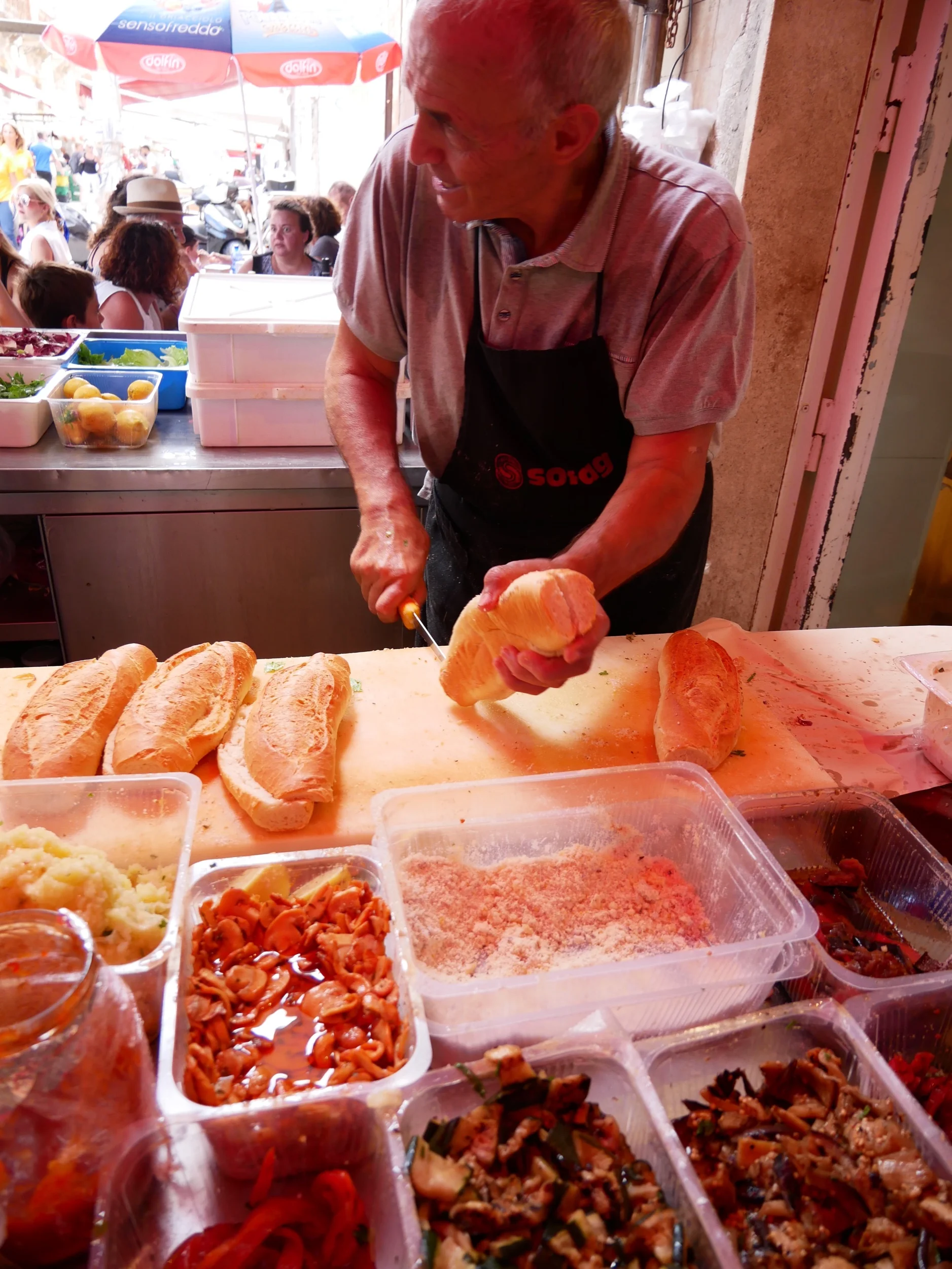 Slicing the bread.