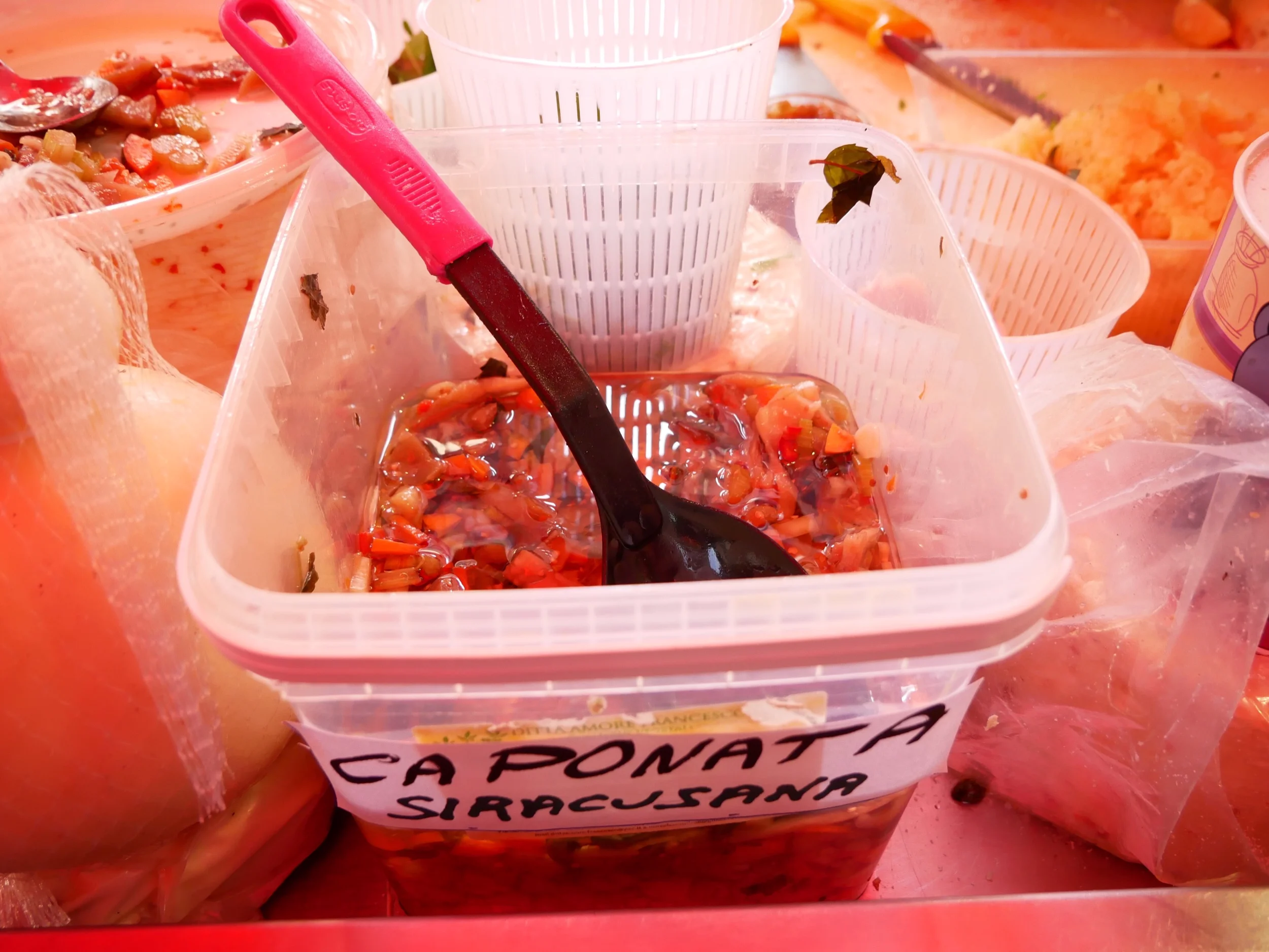 It’s a salad of fried eggplant, peppers, and celery.
