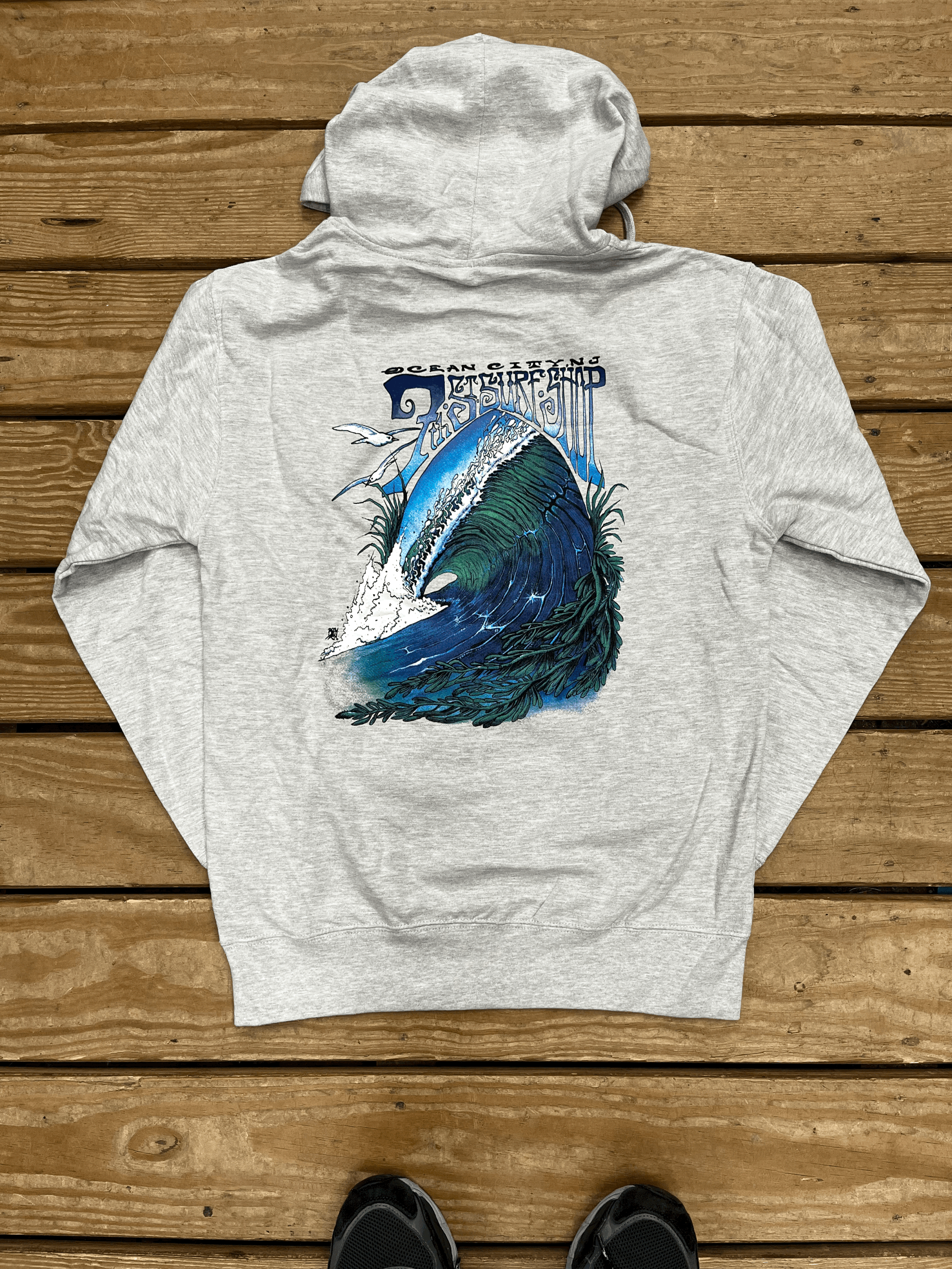 Mens Hoodie Blue Wave Ash Grey