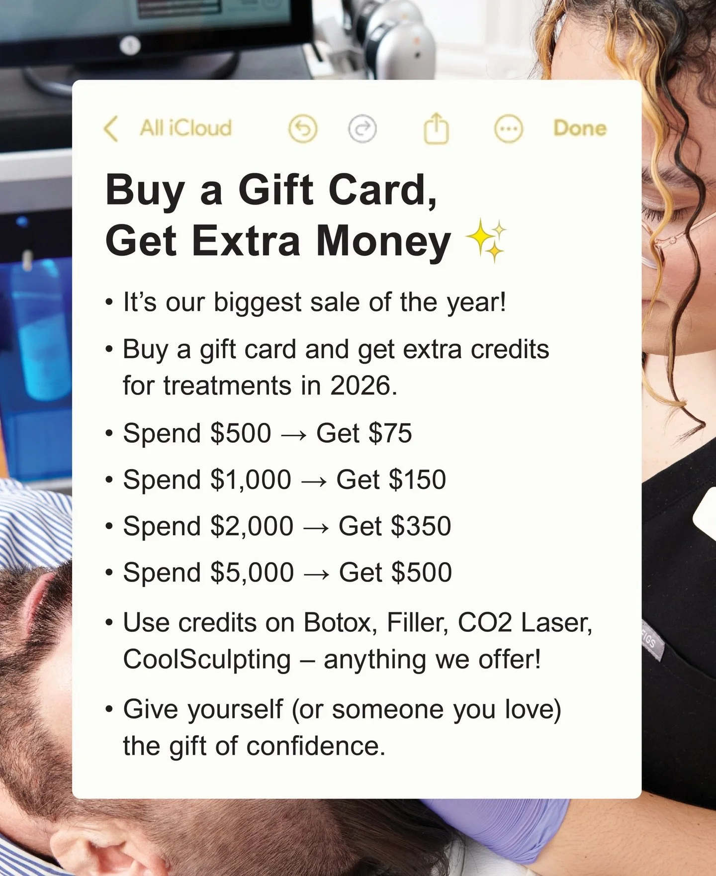 It&rsquo;s our Gift Card Sale! 👀 Get free money for your favorite treatments: 👄 Botox, Fillers, CO2 Laser, Laser Hair Removal, IPL, Microneedling - anything we offer! 💯✨

HOW IT WORKS 💌
Buy a gift card and we&rsquo;ll add free money to your accou