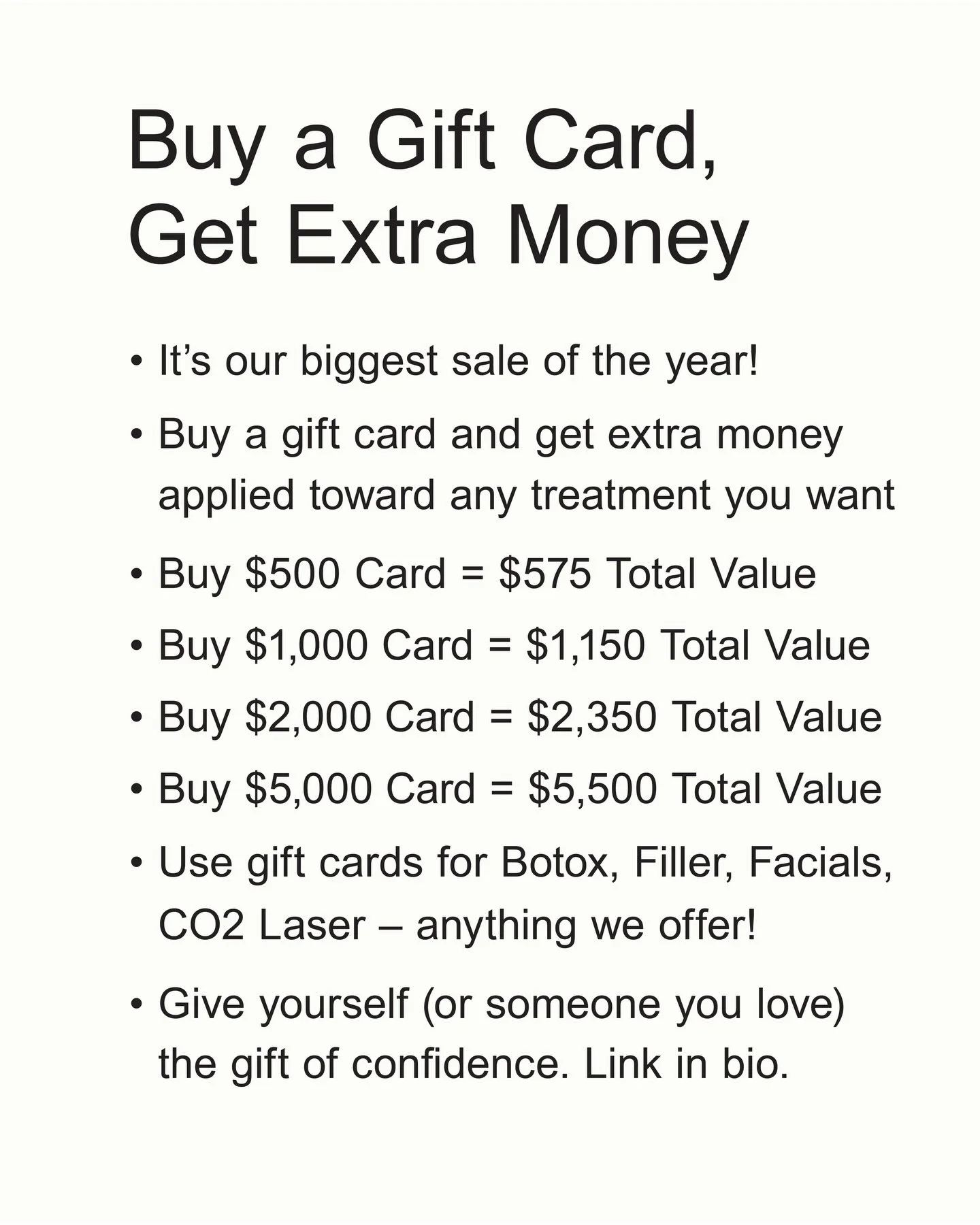 Our biggest sale of the year is here! ✨ Buy a gift card and we&rsquo;ll add bonus credits (like free cash) to your account:

Spend $500 = $575 Value 
Spend $1,000 = $1,150 Value 
Spend $2,000 = $2,350 Value 
Spend $5,000 = $5.500 Value 

Link in bio 