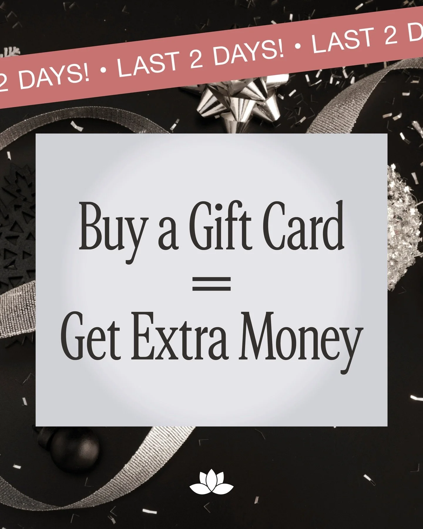 Our Gift Card Sale is almost over!! 😅 Get free money 💵 for your favorite treatments - anything we offer! 💯✨

Buy a gift card and we&rsquo;ll add free money to your account:

&bull; $500 gift card &rarr; get $75 extra
&bull; $1,000 gift card &rarr;
