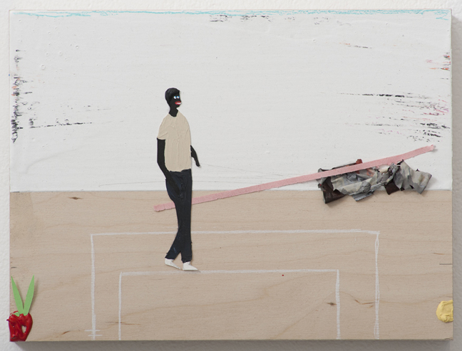 Devin Troy Strother A black Bruce Nauman in, “I’m just walking that line baby” , 2012 Mixed media on panel, 9 x 12 inches 