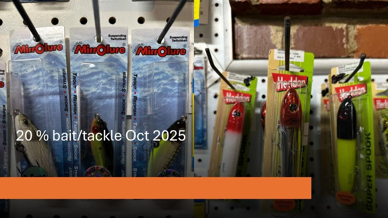 Come stop by, its the weekend!!
SALE SALE SALE
20% OFF BAIT/TACKLE ALL OF OCTOBER 2025 at #tidelinemarine in #jacksonvillenc. Come check us out for all of your #boating #fishing #bait #tackle #parts #accessories and #saltlife needs in #onslowcounty.
