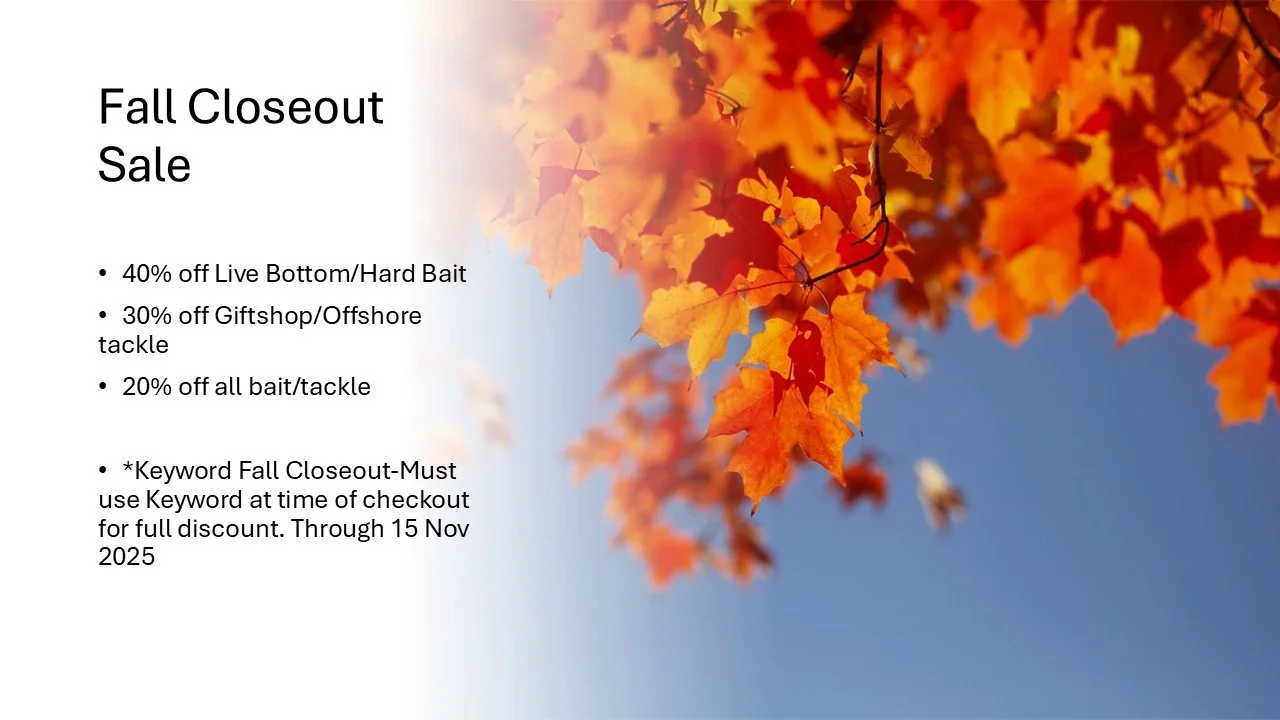 Come check out our SALES! FALL CLOSEOUT SALES!!!
up to 40% OFF! Bait/Tackle and Gifts
We are clearing out! make sure you stop by today
#bait #tacklee #parts #accessories #boat #boats #fishing #fallfishing #tidelinemarine #onslowcounty #shoplocal #ons