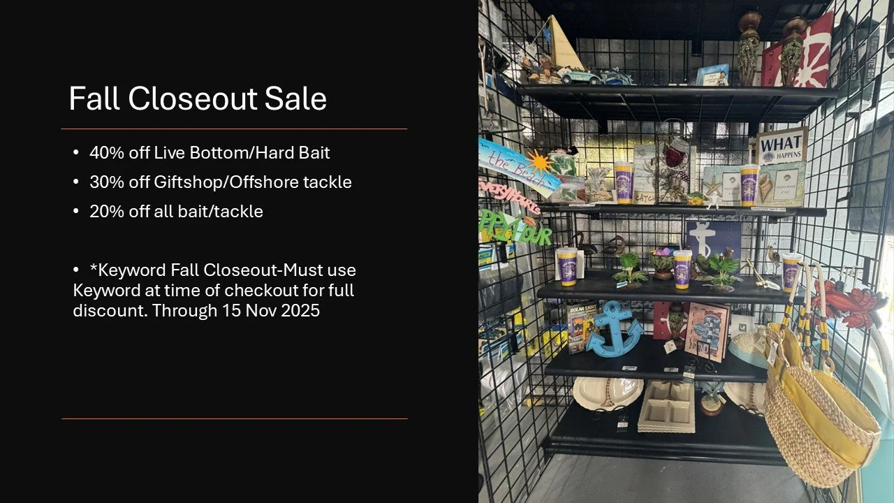 Come check out our SALES! FALL CLOSEOUT SALES!!!
up to 40% OFF! Bait/Tackle and Gifts
We are clearing out! make sure you stop by today
#bait #tacklee #parts #accessories #boat #boats #fishing #fallfishing #tidelinemarine #onslowcounty #shoplocal #ons