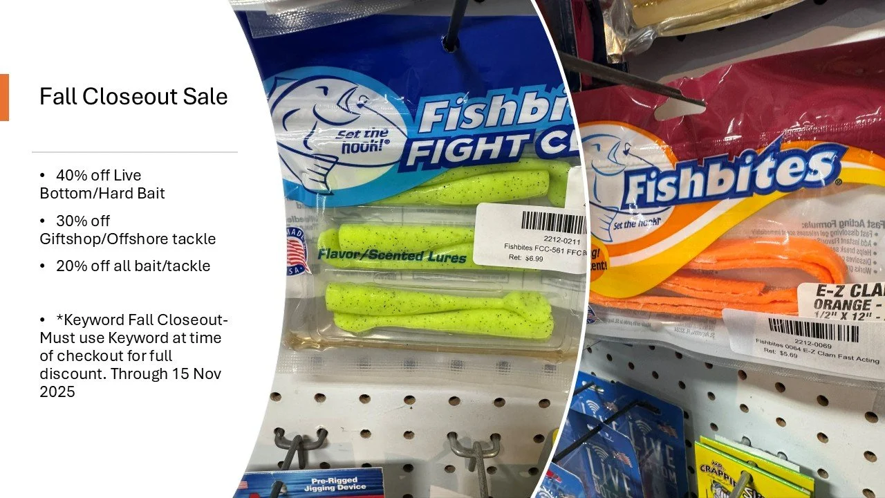 Come check out our SALES! FALL CLOSEOUT SALES!!!
up to 40% OFF! Bait/Tackle and Gifts
We are clearing out! make sure you stop by today
#bait #tacklee #parts #accessories #boat #boats #fishing #fallfishing #tidelinemarine #onslowcounty #shoplocal #ons