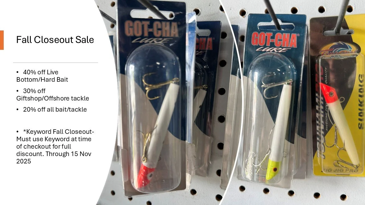 Come check out our SALES! FALL CLOSEOUT SALES!!!
up to 40% OFF! Bait/Tackle and Gifts
We are clearing out! make sure you stop by today
#bait #tacklee #parts #accessories #boat #boats #fishing #fallfishing #tidelinemarine #onslowcounty #shoplocal #ons