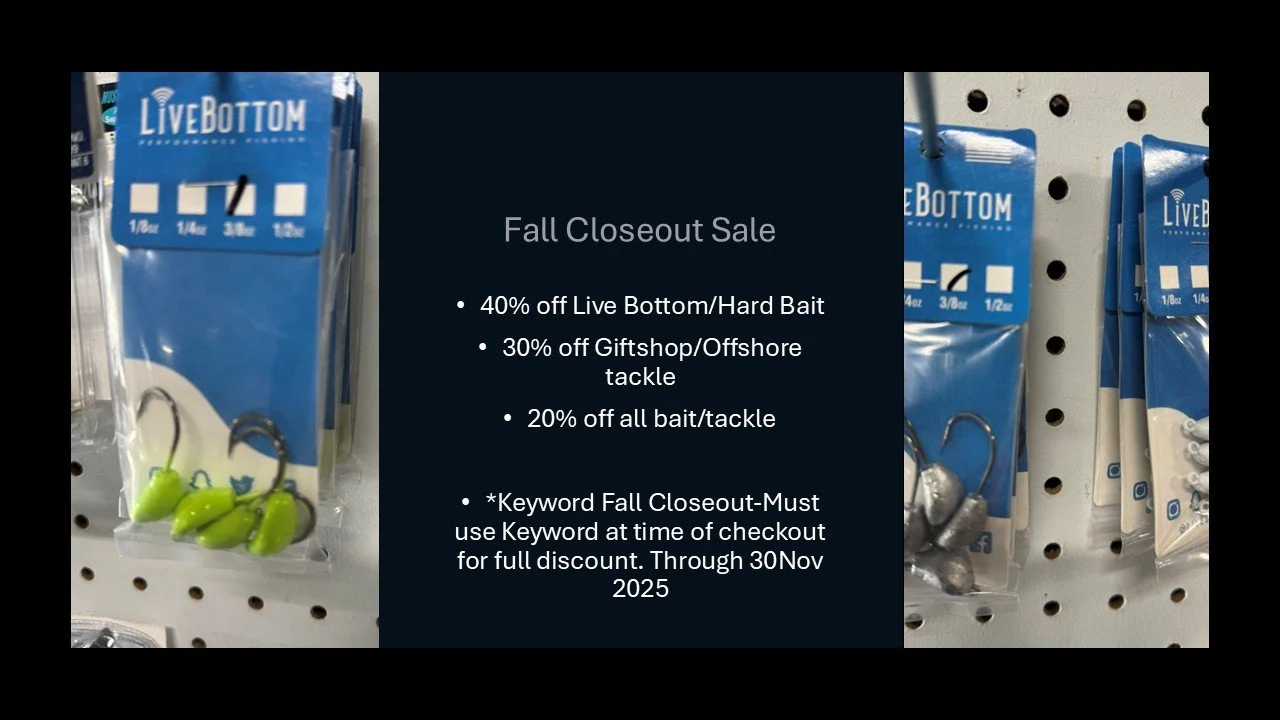 November-6 YEAR Anniversary CLEARANCE SALE!
UP TO 50% off
Free Give aways
Stop by #tidelinemarine and mention keyword #fallsale. For all of your #boating #fishing #bait #tackle #saltlife #boat and #fallfishing needs!
From parts to bait/tackle we got 