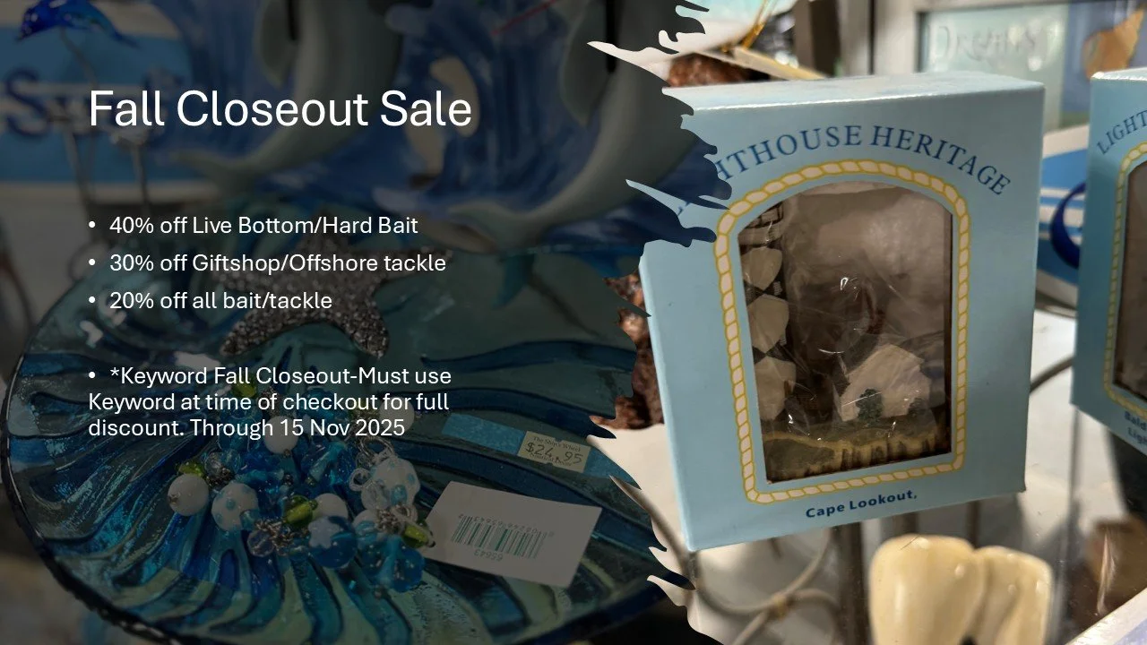 Come check out our SALES! FALL CLOSEOUT SALES!!!
up to 40% OFF! Bait/Tackle and Gifts
We are clearing out! make sure you stop by today
#bait #tacklee #parts #accessories #boat #boats #fishing #fallfishing #tidelinemarine #onslowcounty #shoplocal #ons