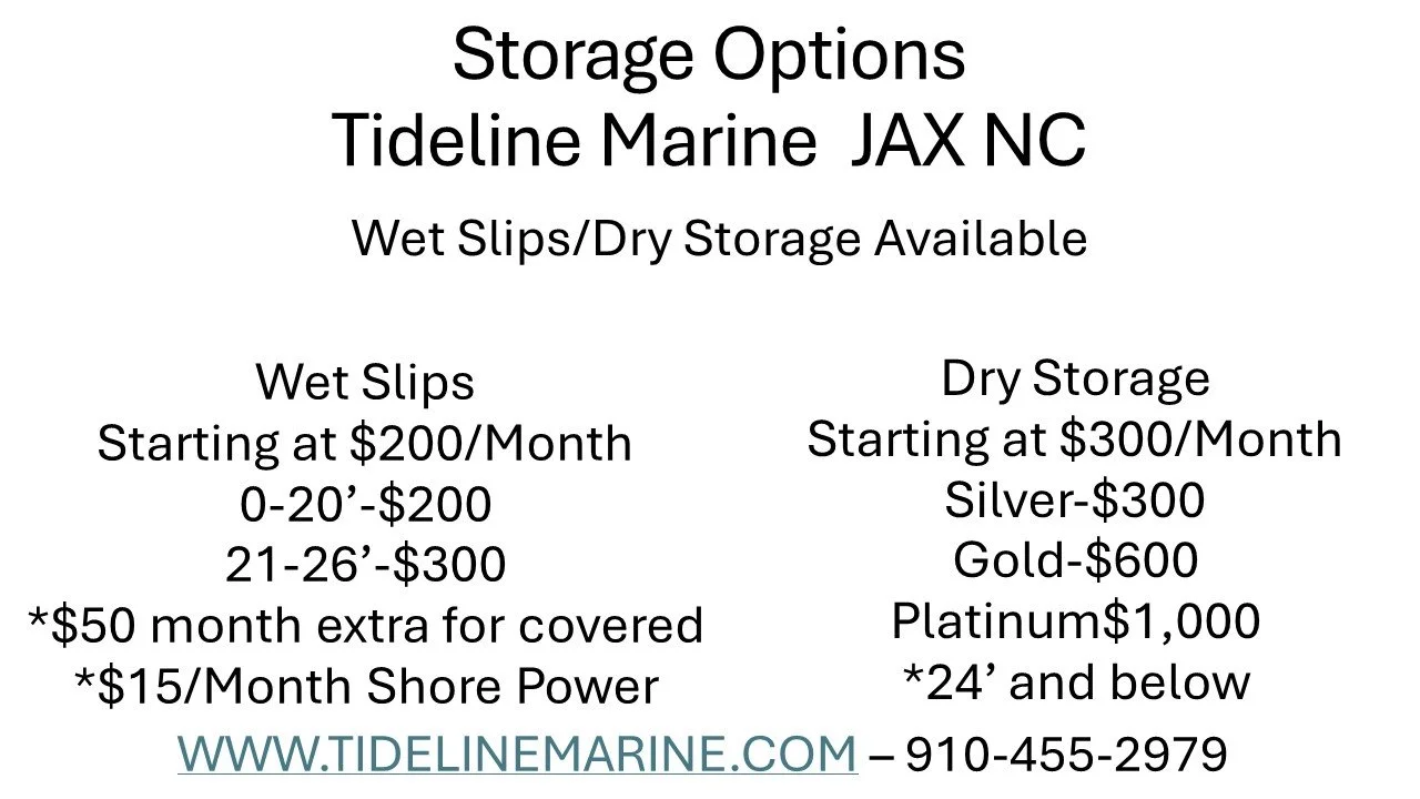 A sign listing storage options and prices for Tideline Marine in JAX, NC, including wet slips and dry storage, with details about costs and contact information.