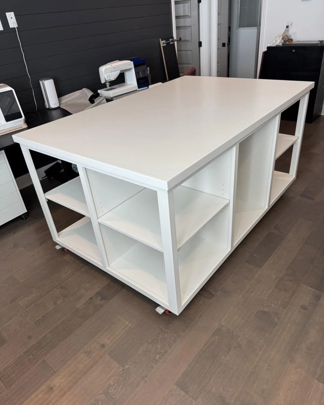 Custom white island with open shelving