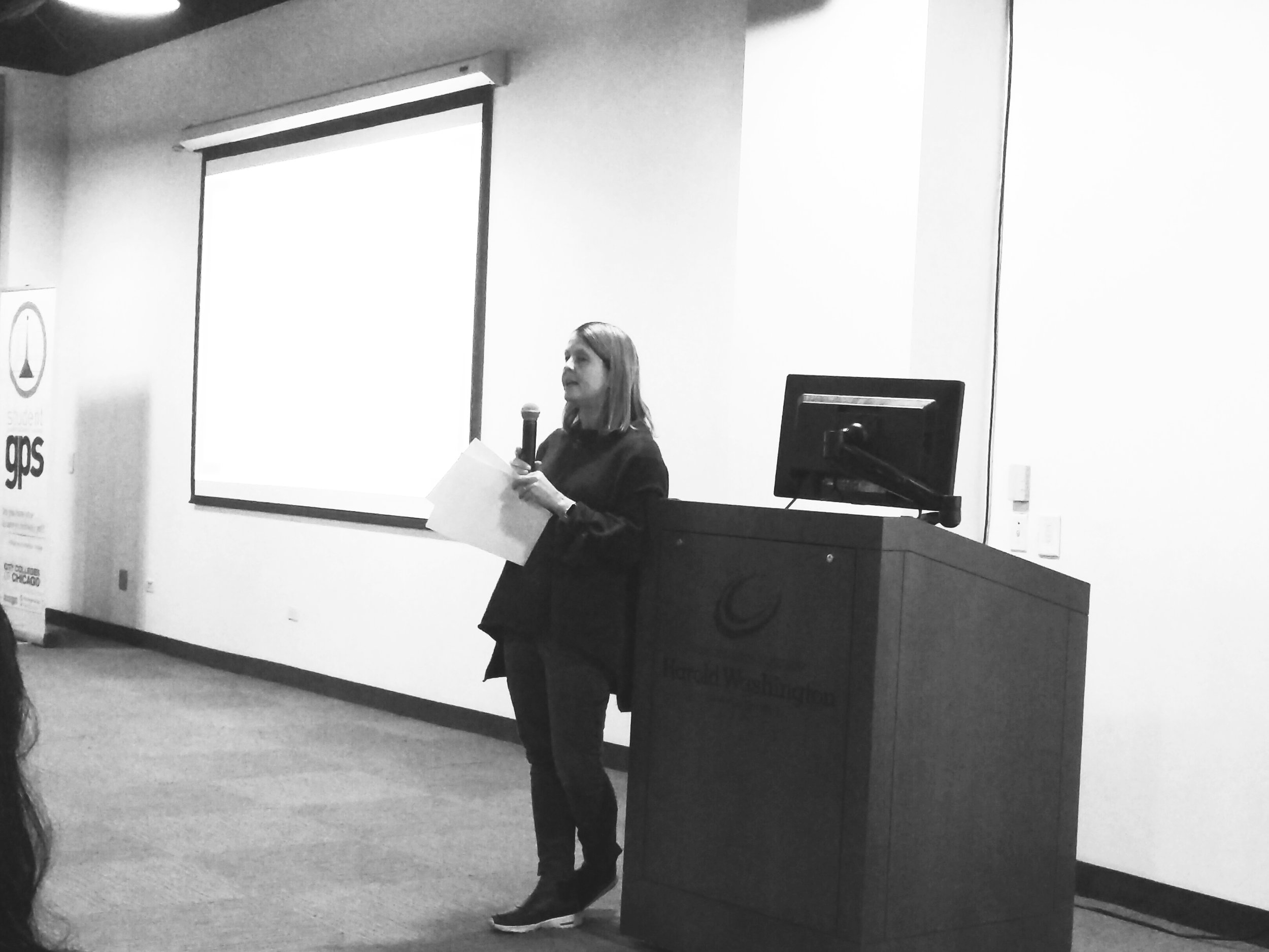 Jennifer Asimow presents the refined mission statement at the State of the College address. (Photo/Antonio Garcia)