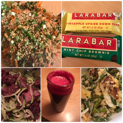 April food - top left to bottom right: cauliflower rice stir fry, new Lara bars (only pineapple upside down cake is Whole 30 approved, steak and zoodles, beet/cucumber/apple/orange juice from Pressed and a veggie egg scramble.
