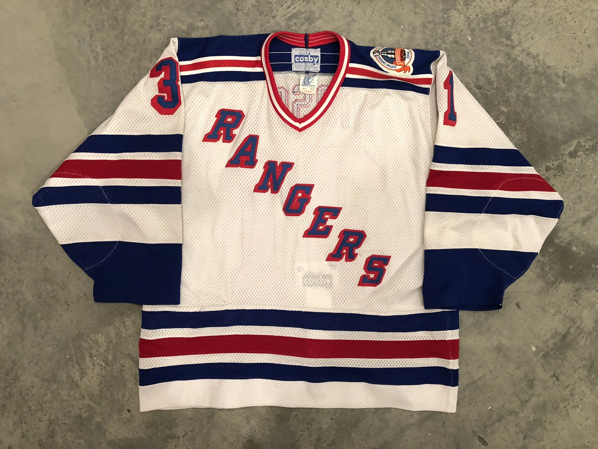 1993-94 Corey Hirsch game issued home jersey with the 1994 Stanley Cup Finals patch