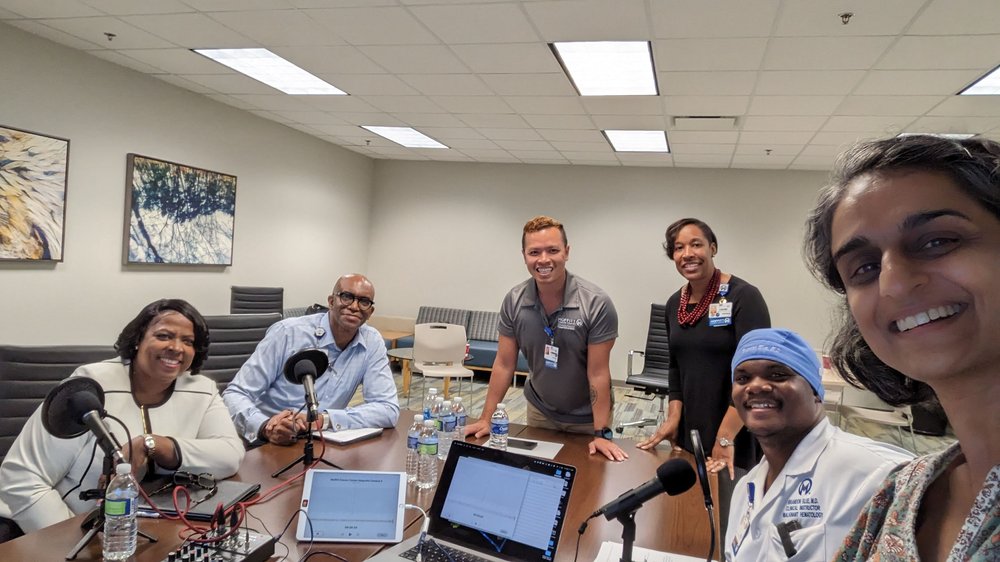  Kicking off season 2 of Cancer in our Community. From left to right: Ms. Valerie Goddard, Dr. Green, Topher Larkin, Kenisha Avery, Dr. Blue, Parmvir. 