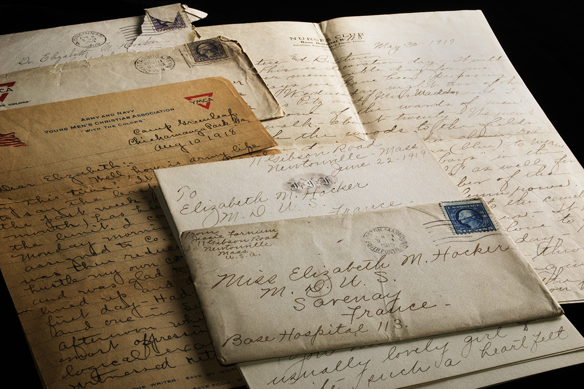 Example of primary sources. Old letters from an archival collection on a black background
