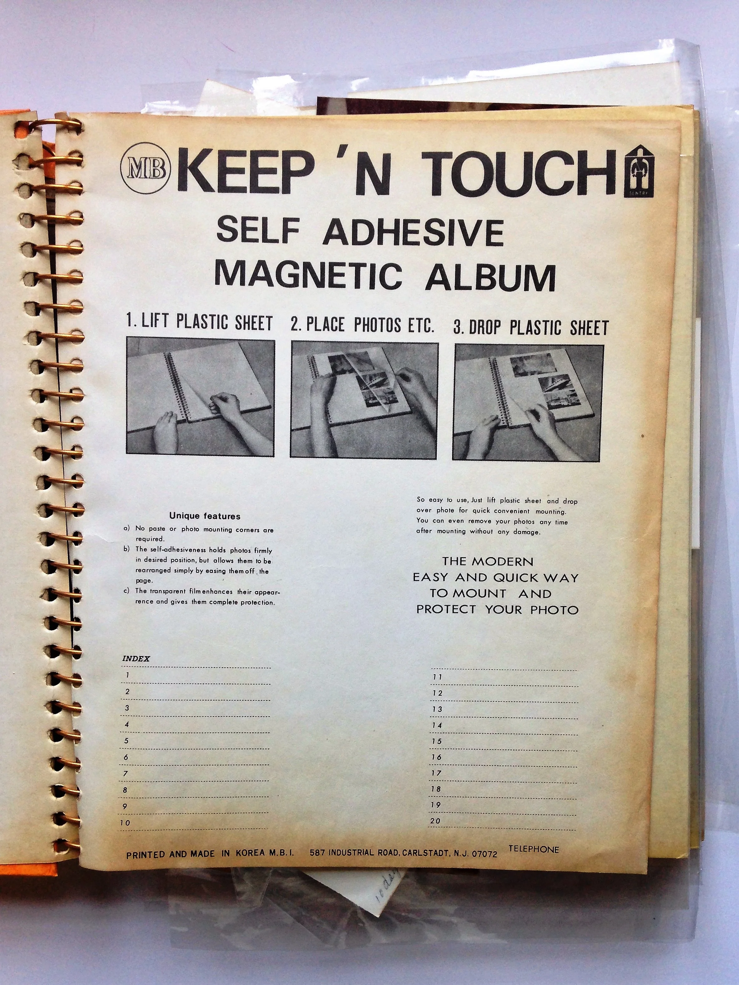 The browning around the edges of this page is typical of highly-acidic paper. Two lines that make me laugh: "The transparent film enhances their appearance and gives them complete protection" and "You can even remove your photos any time after mounting without any damage."