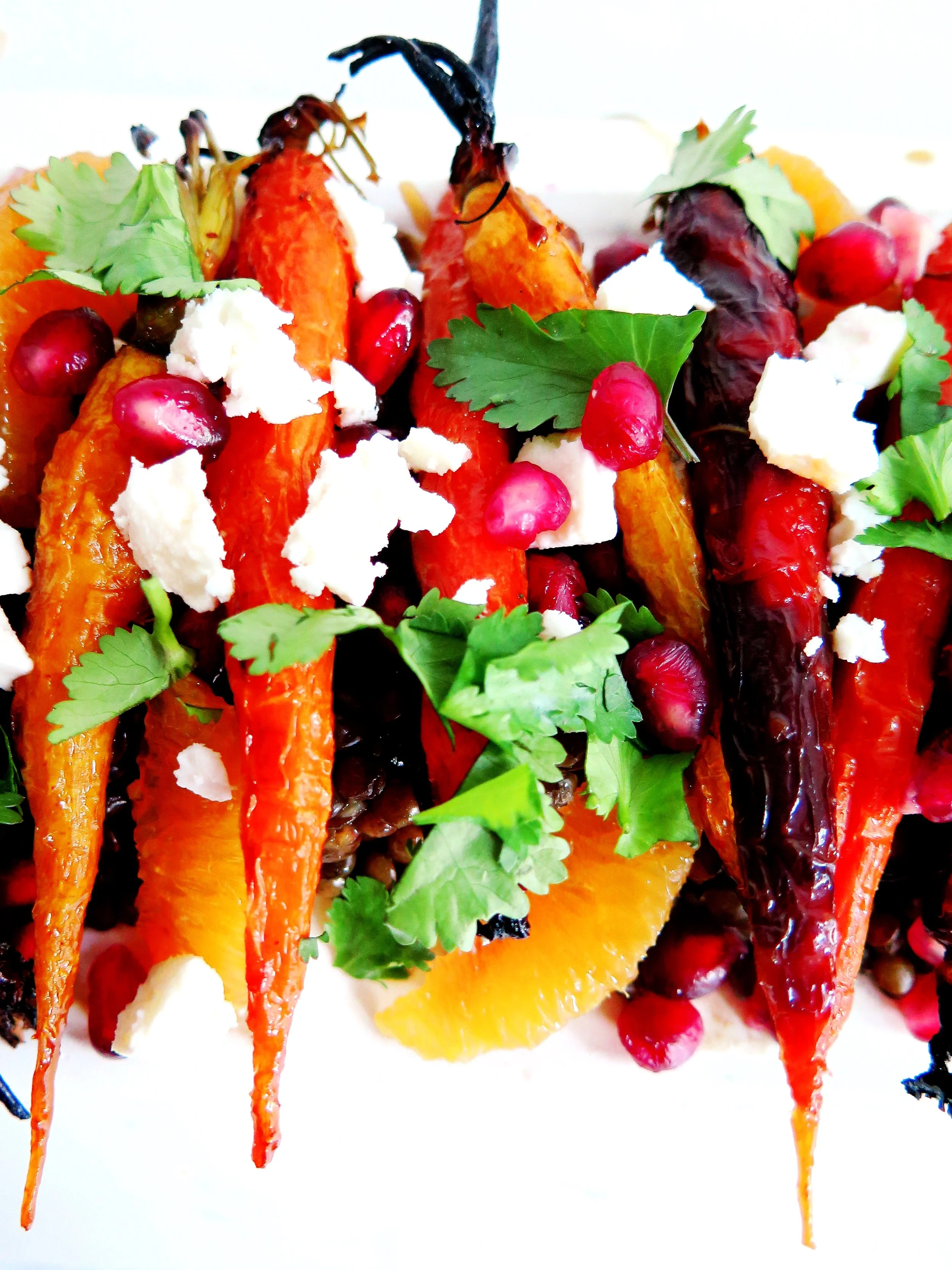 Sticky Glazed Carrot, Pomegranate, Orange, Lentil & Feta Salad