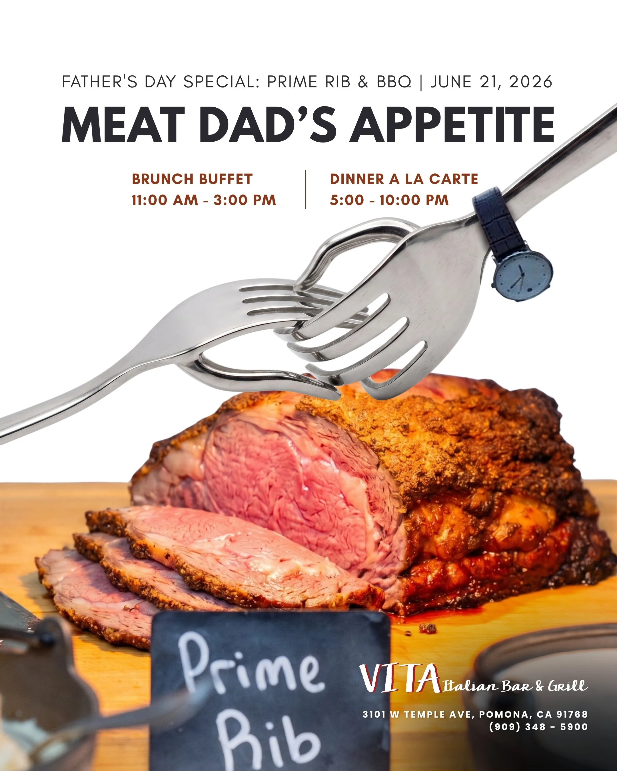 VITA's Father's Day Brunch Buffet and Dinner A la carte features prime rib and bbq!