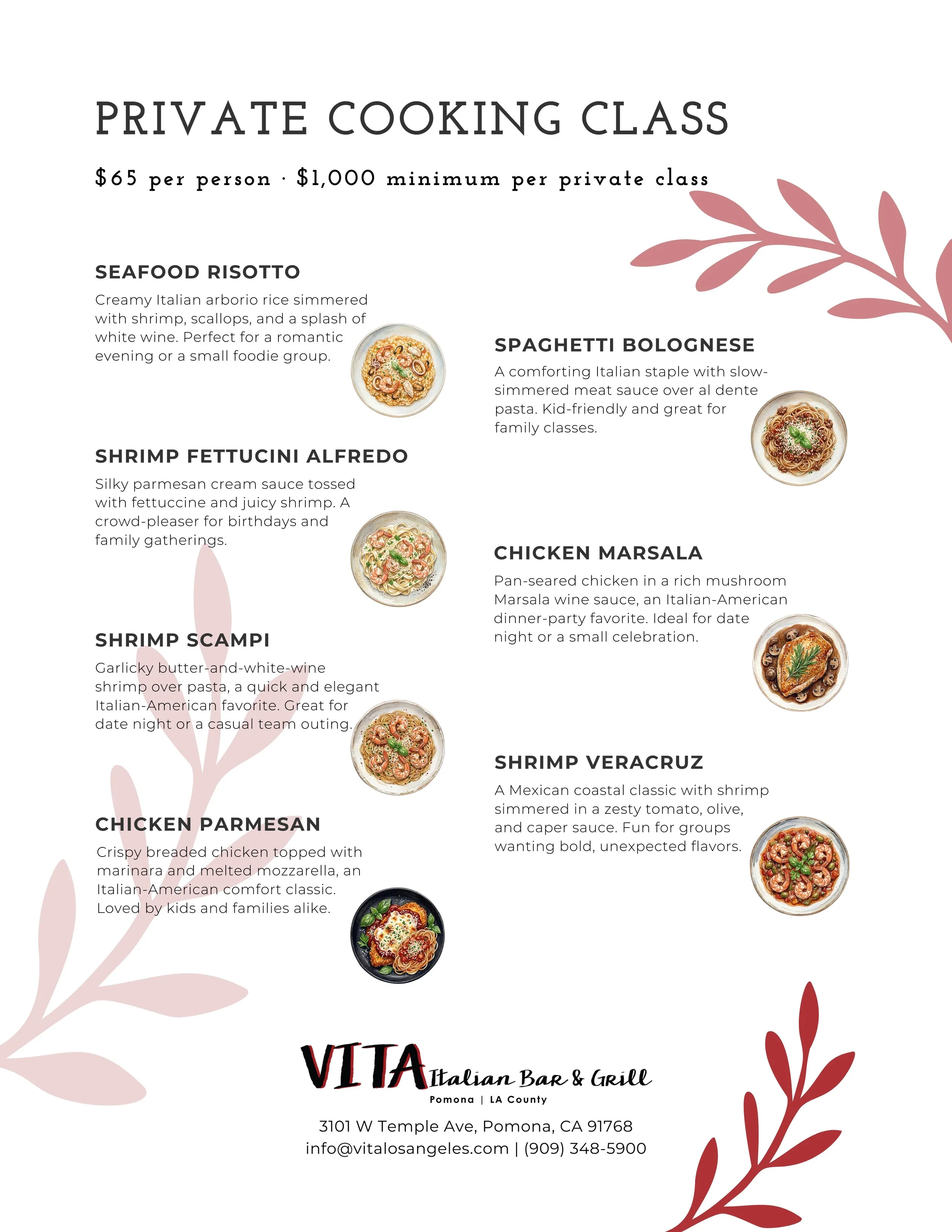 VITA Private Cooking Class Menu